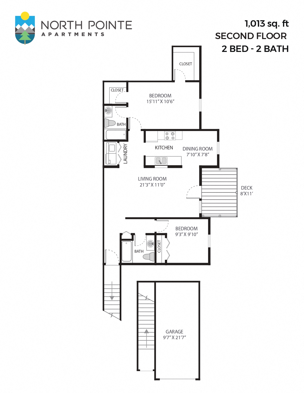 Floor plan for 2 beds, 2 baths, 1013 sqft
